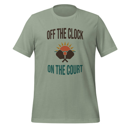 Off The Clock On The Court retro pickleball tee — Sage, front