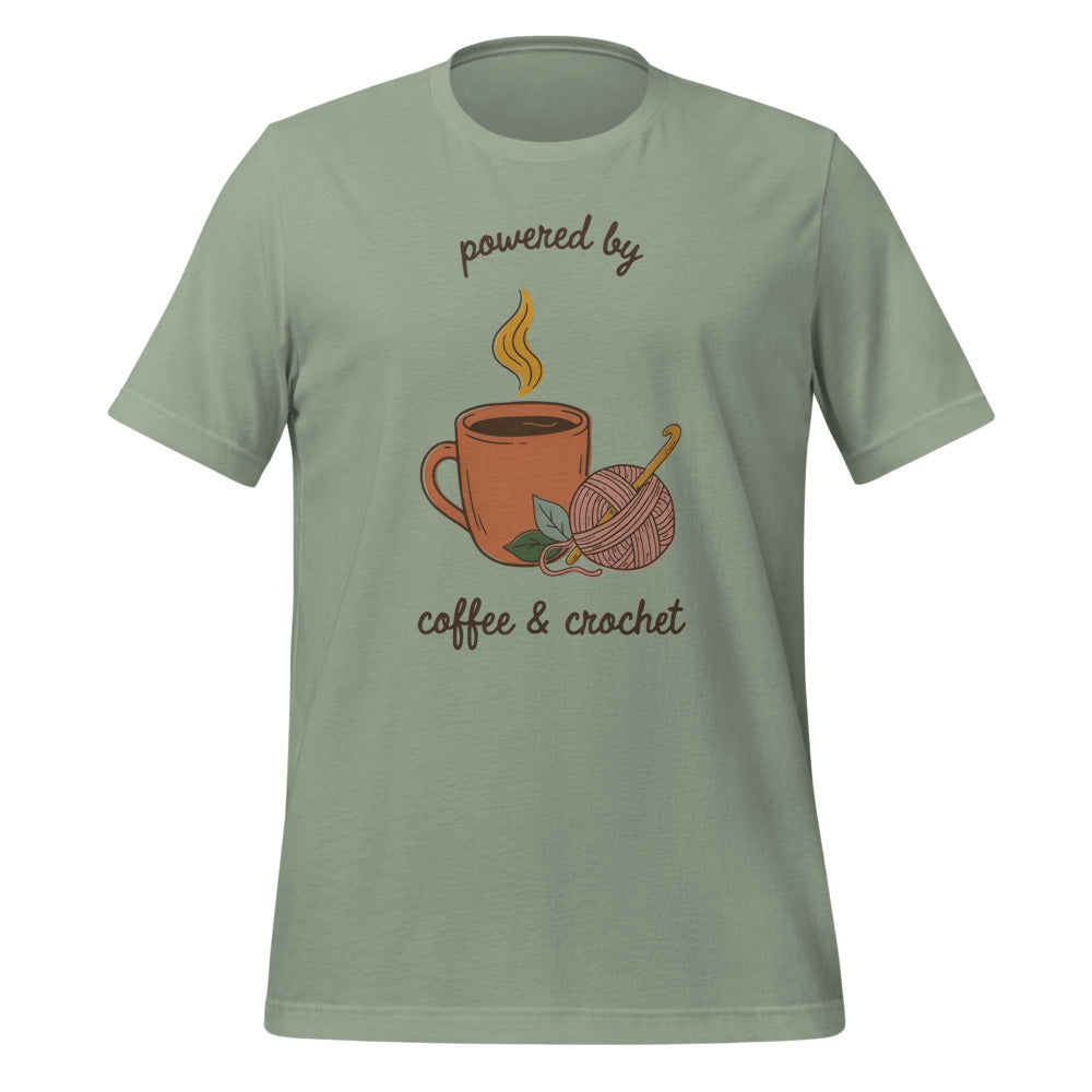 Powered by Coffee and Crochet cottagecore crochet tee — Sage, front