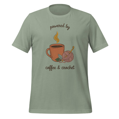 Powered by Coffee and Crochet cottagecore crochet tee — Sage, front