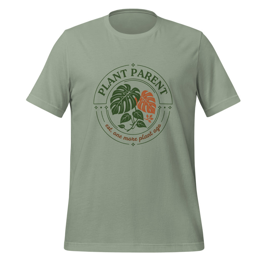 Plant Parent retro botanical badge tee — Sage, front