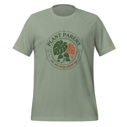 Plant Parent retro botanical badge tee — Sage, front