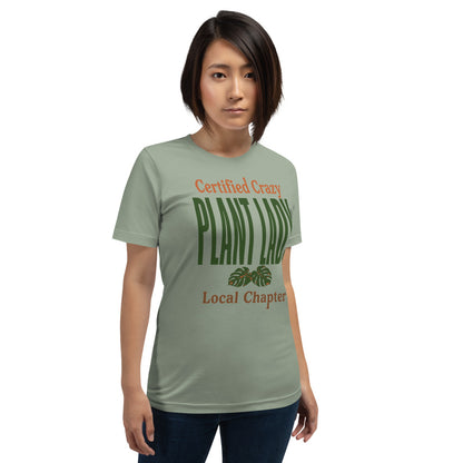Certified Crazy Plant Lady retro botanical tee — Sage, on model