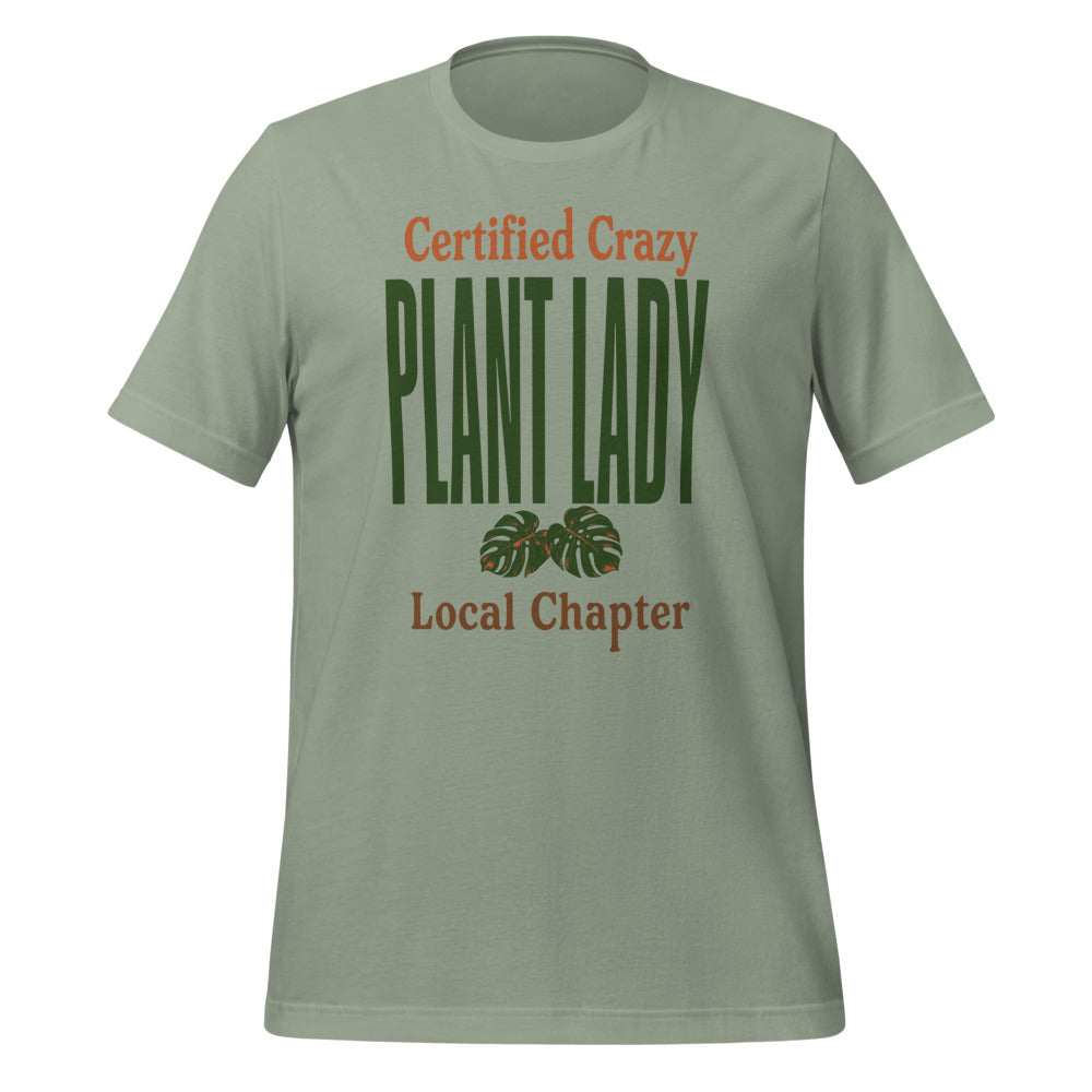 Certified Crazy Plant Lady retro botanical tee — Sage, front