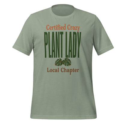 Certified Crazy Plant Lady retro botanical tee — Sage, front