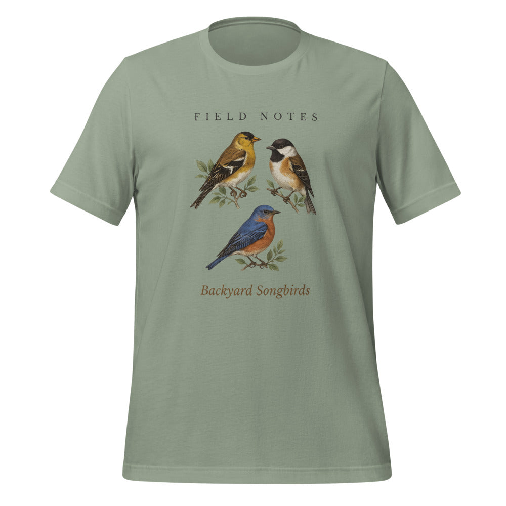 Backyard Songbirds vintage field-guide tee — Sage, front