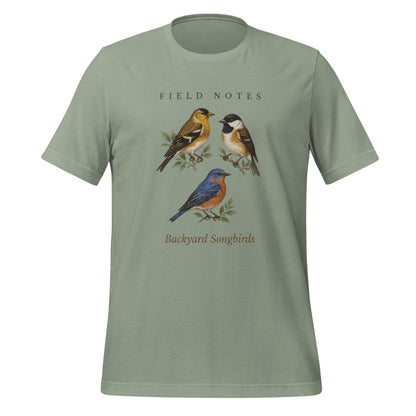 Backyard Songbirds vintage field-guide tee — Sage, front