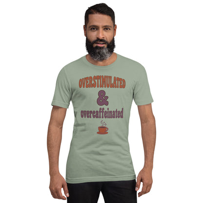 Overstimulated & Overcaffeinated soft retro coffee mental health tee — Sage, on model
