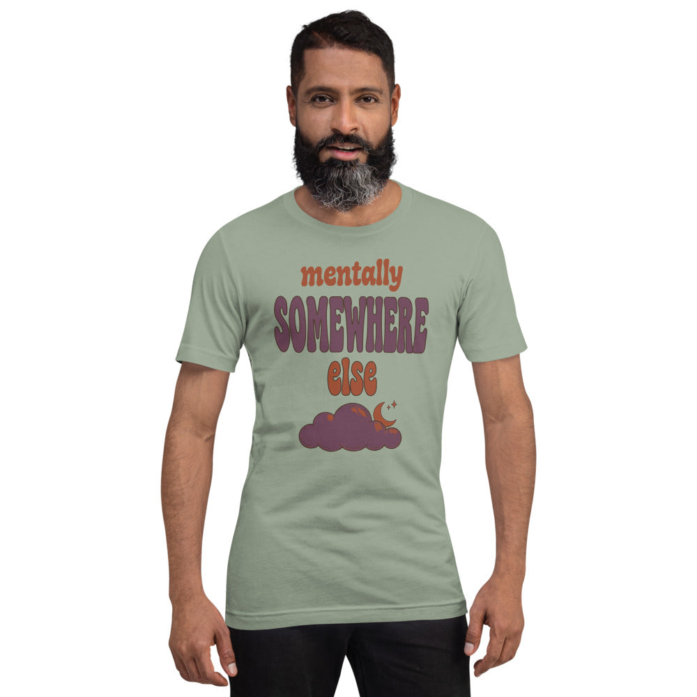 Mentally Somewhere Else soft retro daydream mental health tee — Sage, on model