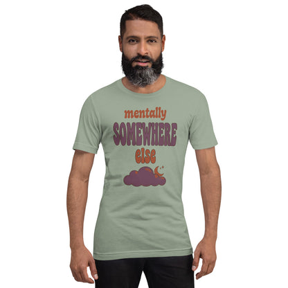 Mentally Somewhere Else soft retro daydream mental health tee — Sage, on model