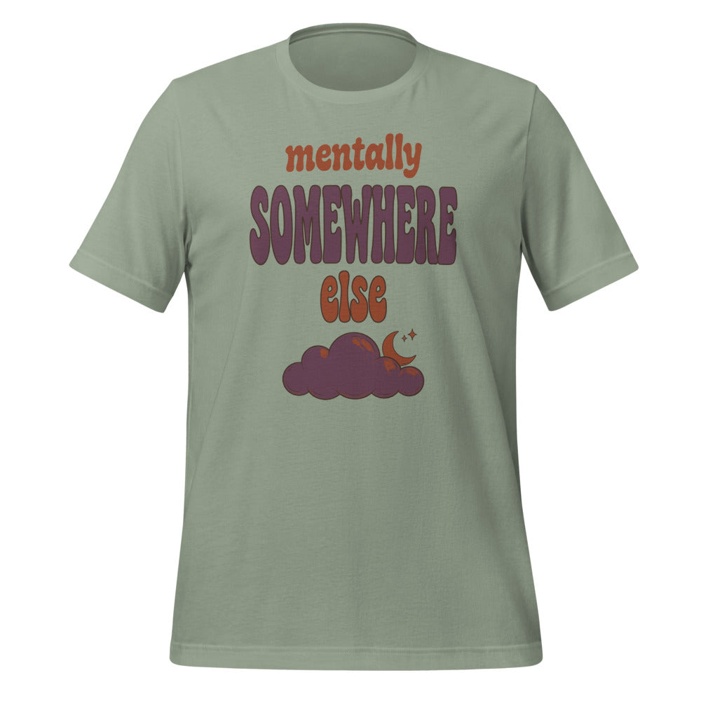 Mentally Somewhere Else soft retro daydream mental health tee — Sage, front