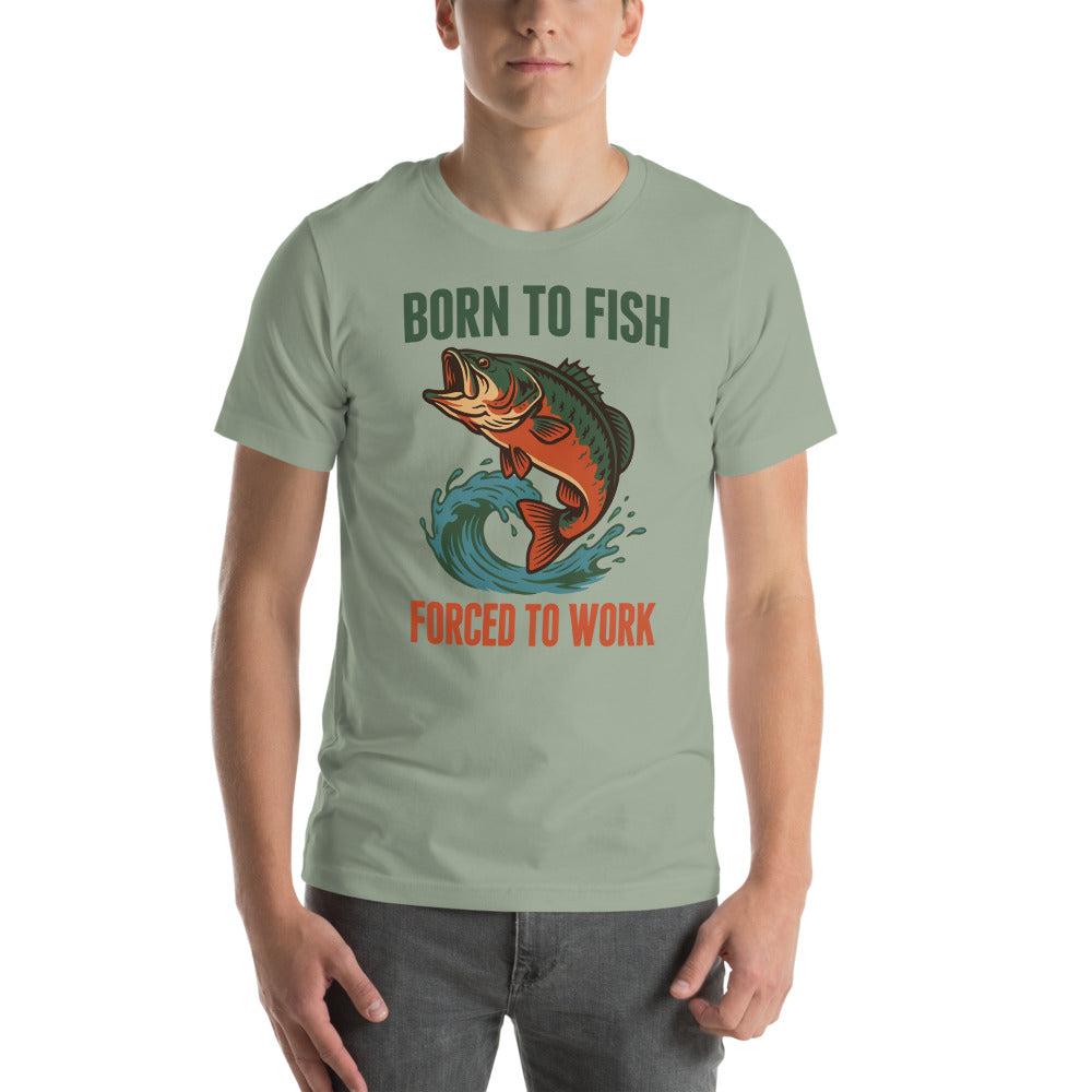 Born to Fish Forced to Work retro fishing humor tee — Sage, on model