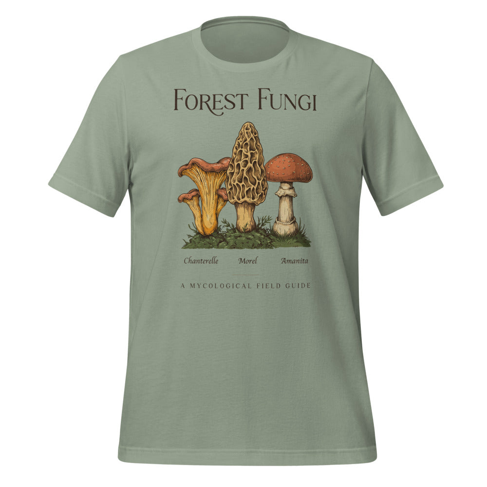 Forest Fungi vintage mushroom field guide tee — Sage, front