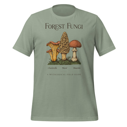 Forest Fungi vintage mushroom field guide tee — Sage, front