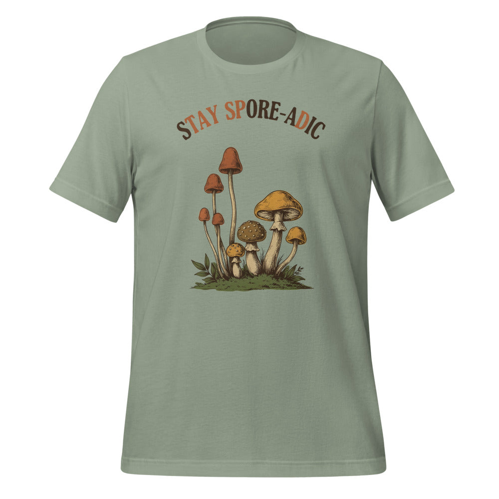 Stay Spore-adic funny vintage mushroom tee — Sage, front