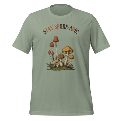 Stay Spore-adic funny vintage mushroom tee — Sage, front