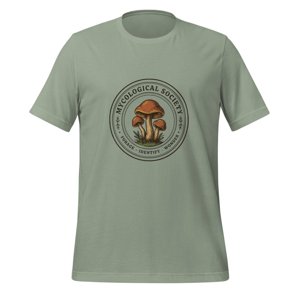 Mushroom Foraging Mycological Society vintage botanical tee — Sage, front