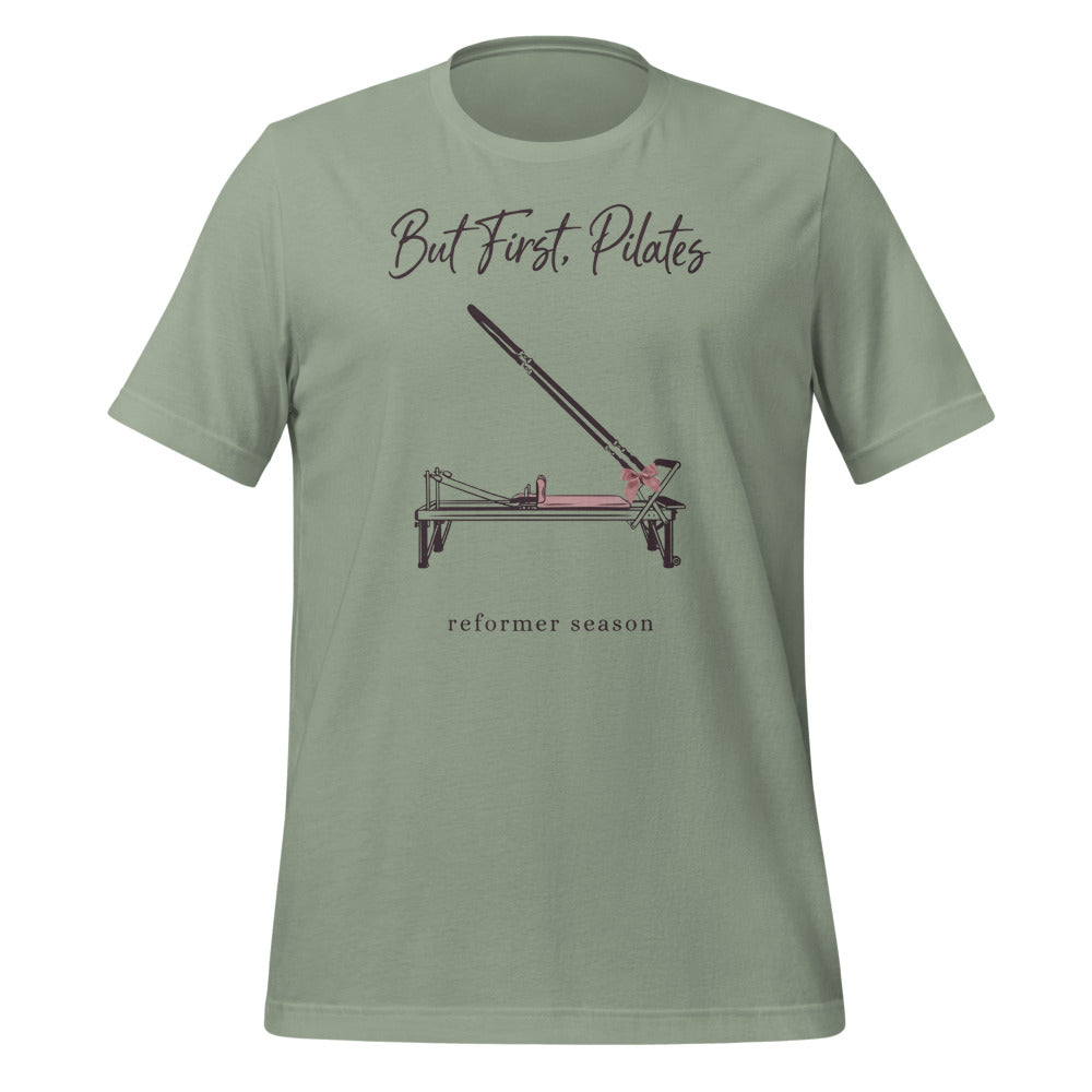 But First Pilates reformer line-art tee — Sage, front