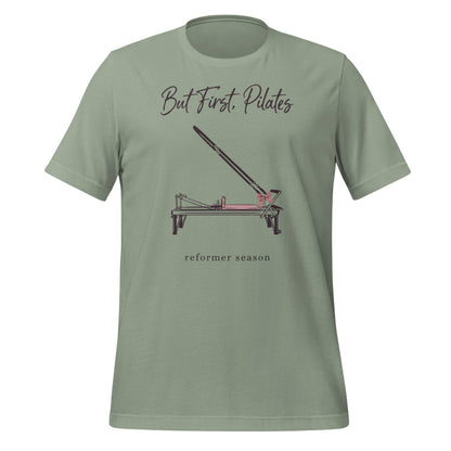But First Pilates reformer line-art tee — Sage, front