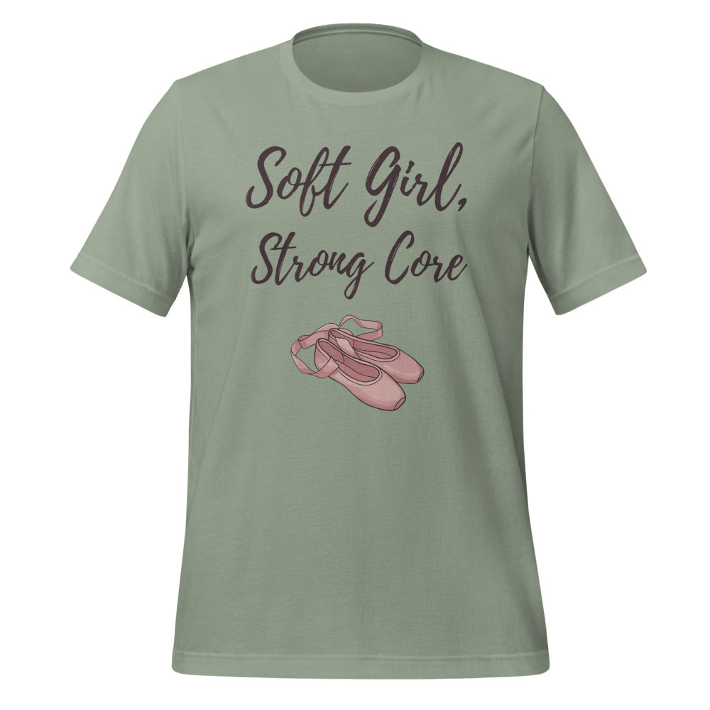 Soft Girl Strong Core ballet coquette pilates tee — Sage, front
