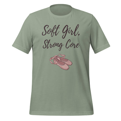 Soft Girl Strong Core ballet coquette pilates tee — Sage, front
