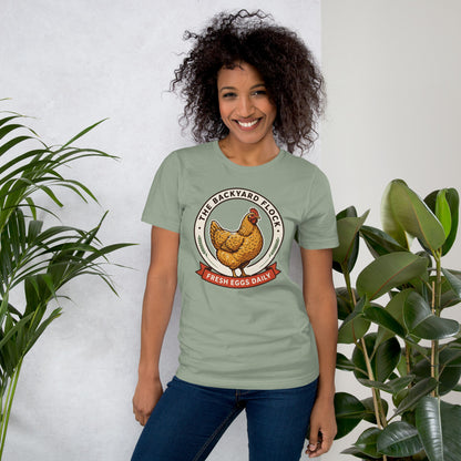 Backyard Flock heritage chicken keeper tee — Sage, on model