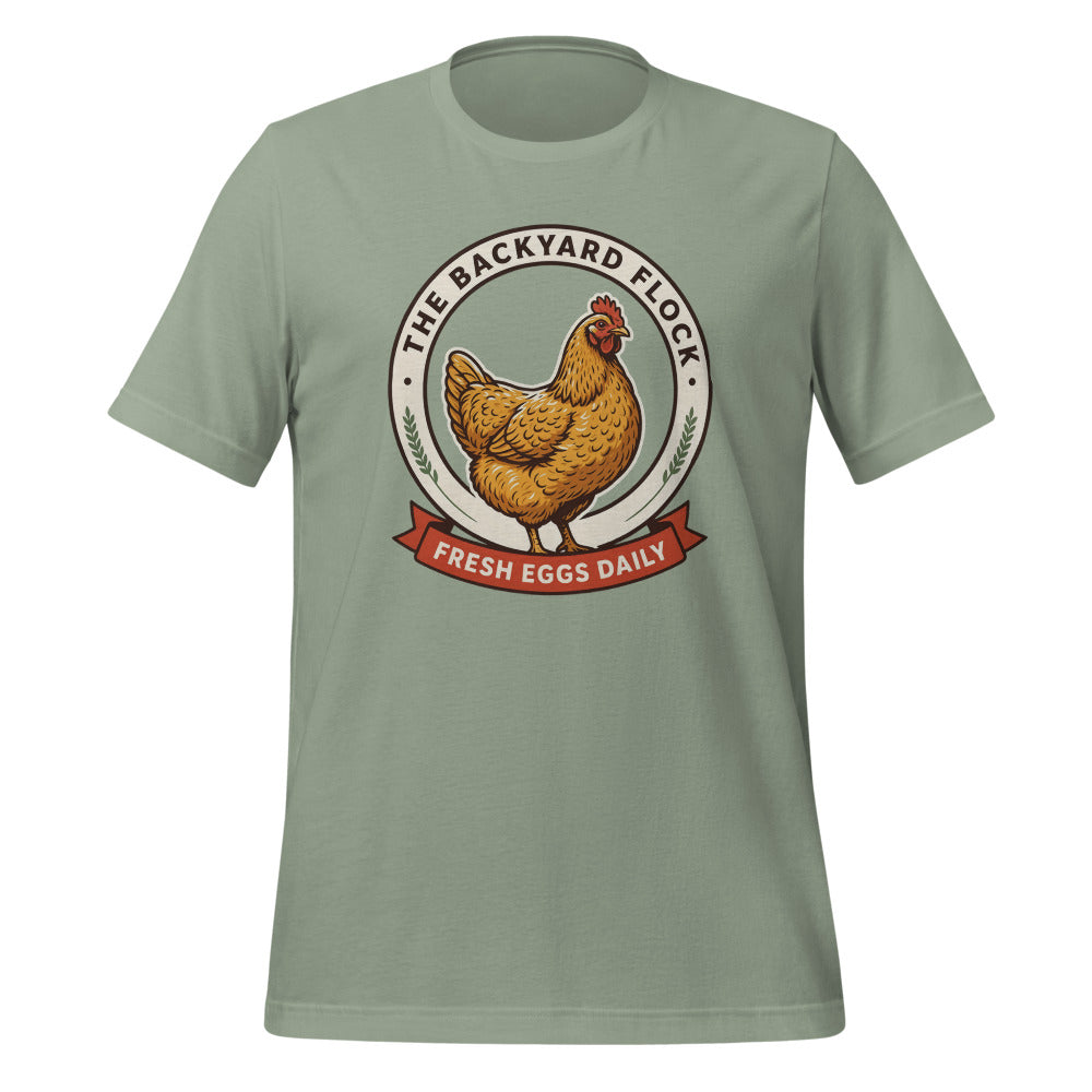 Backyard Flock heritage chicken keeper tee — Sage, front