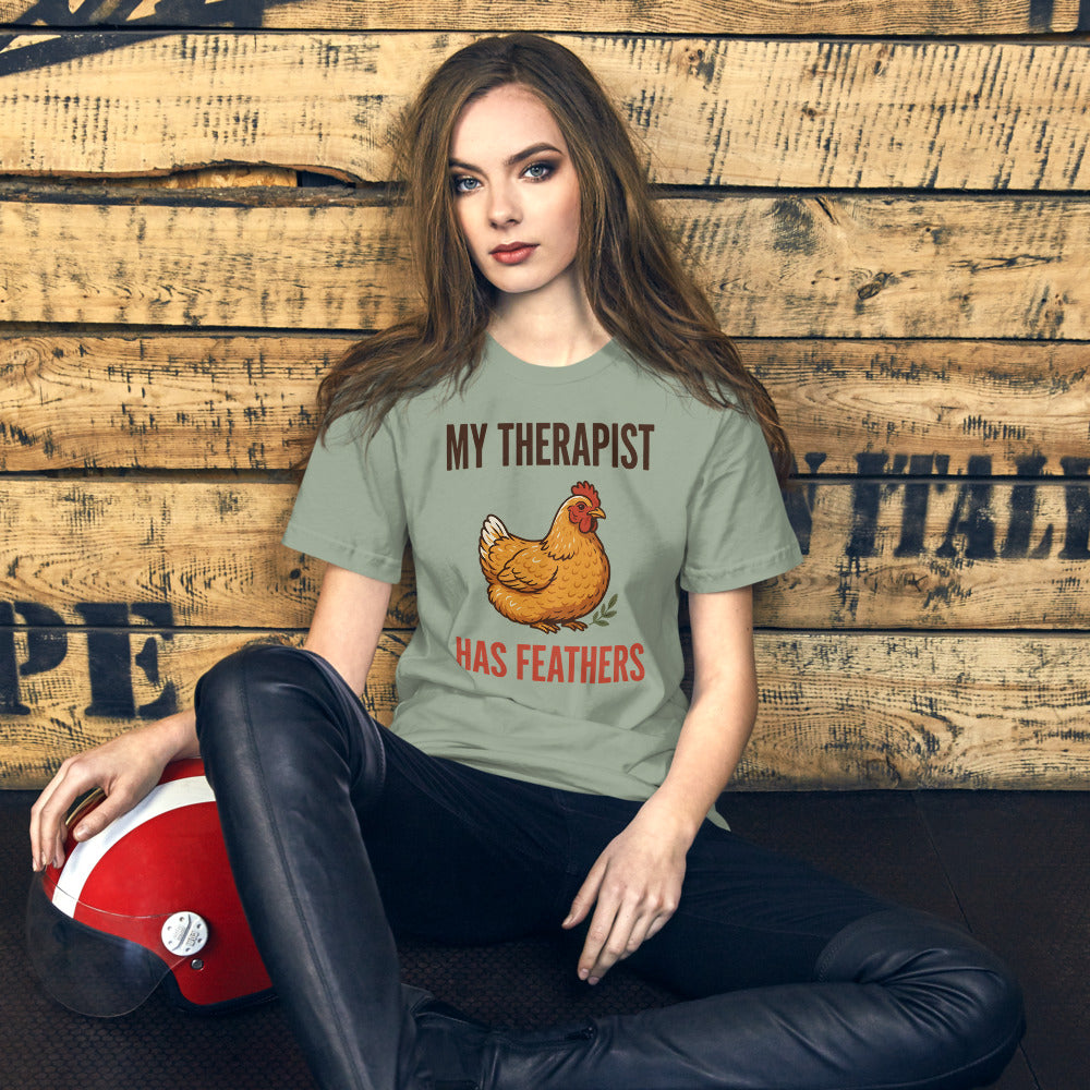 My Therapist Has Feathers funny chicken keeper tee — Sage, on model