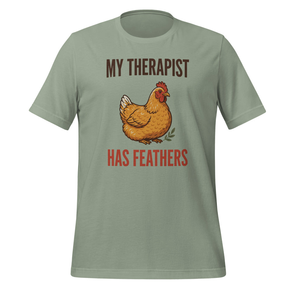 My Therapist Has Feathers funny chicken keeper tee — Sage, front