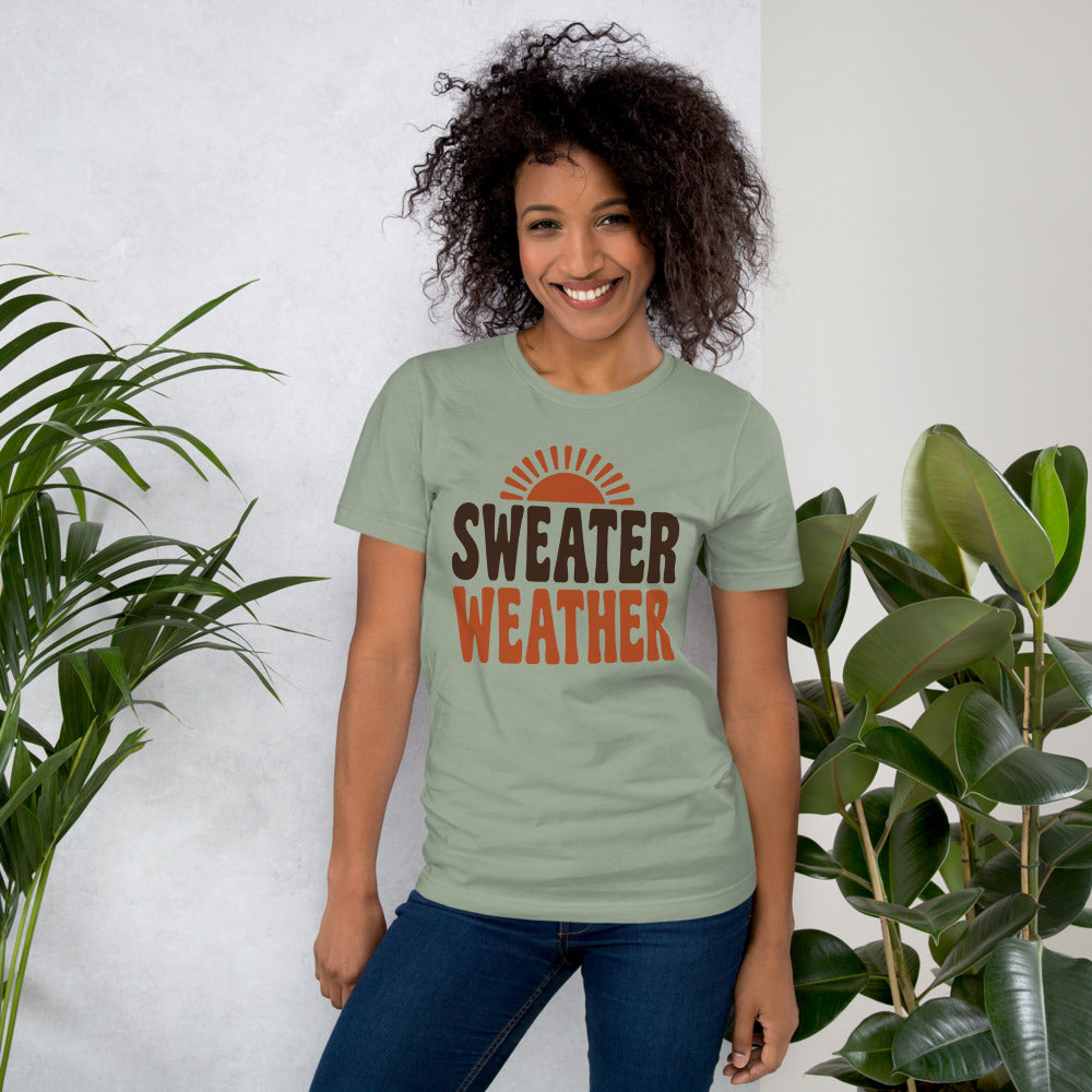 Sweater Weather retro 70s fall t-shirt — Sage, on model