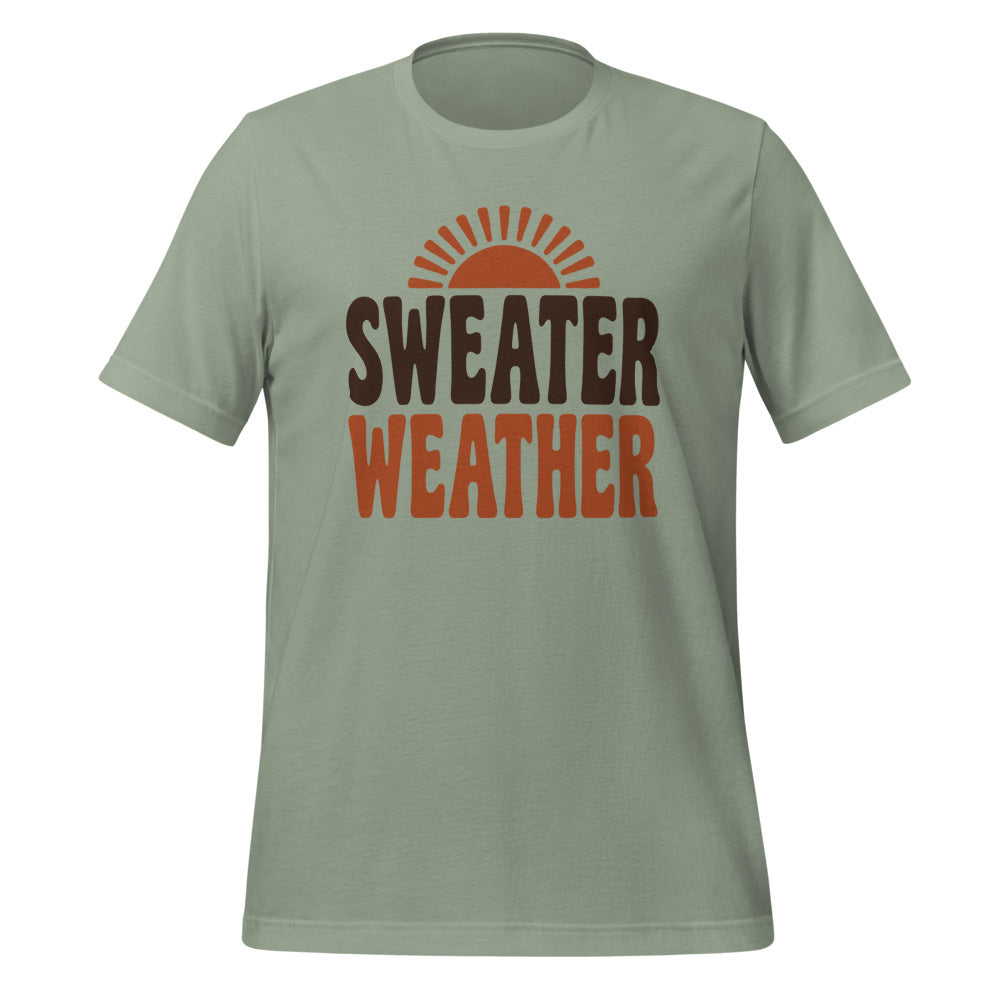 Sweater Weather retro 70s fall t-shirt — Sage, front