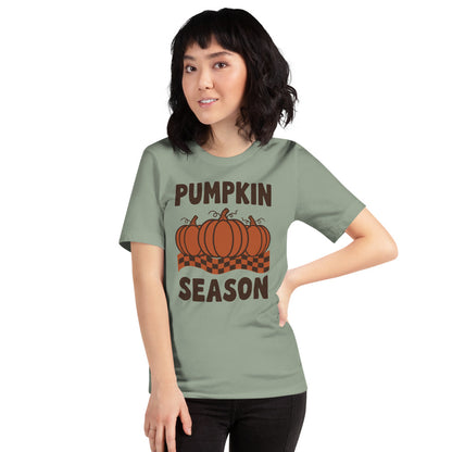 Pumpkin Season retro 70s fall t-shirt — Sage, on model