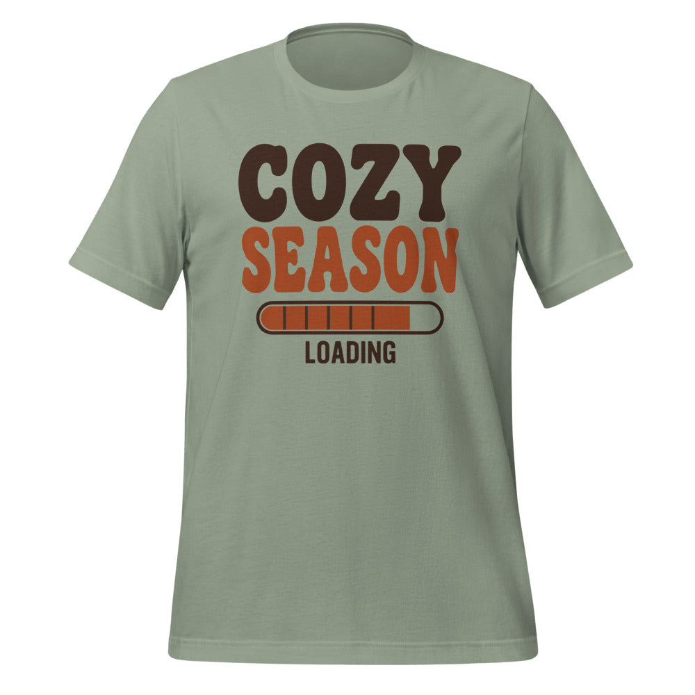Cozy Season Loading retro 70s fall t-shirt — Sage, front