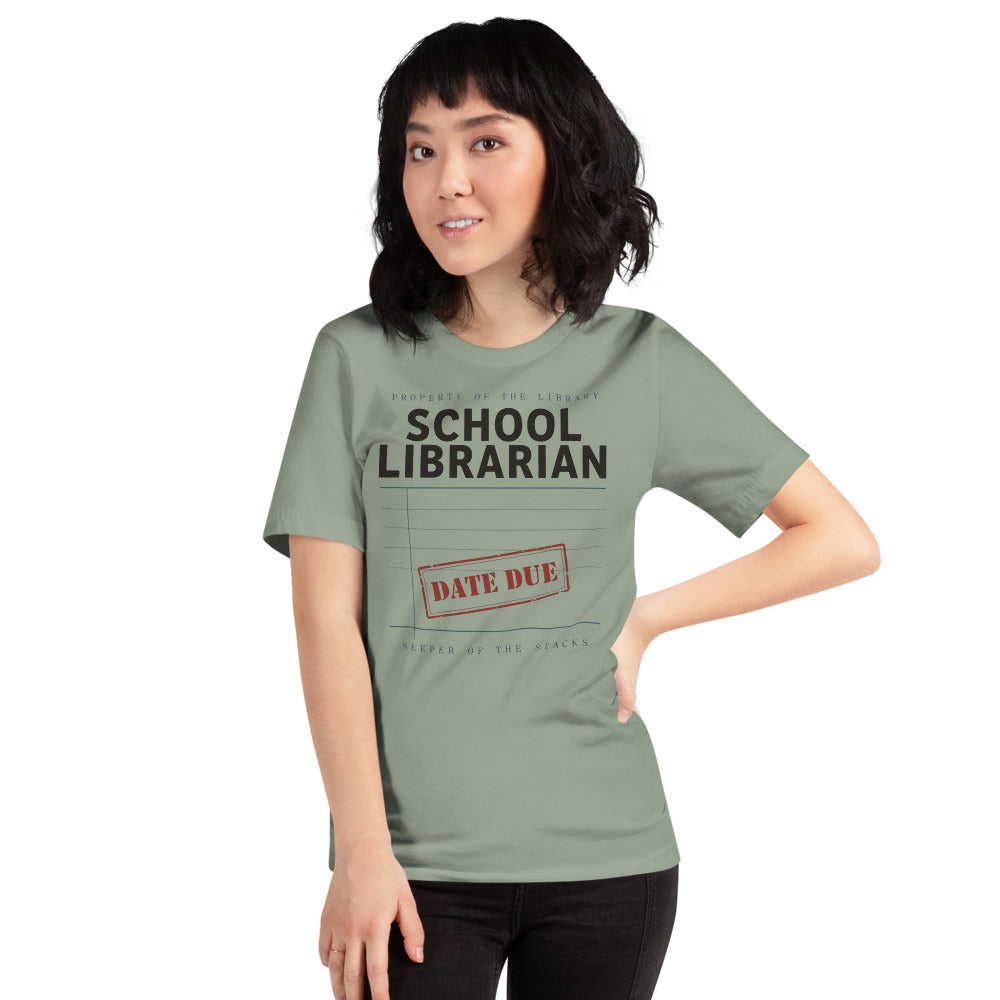 Property of the School Library card catalog school librarian tee — Sage, on model