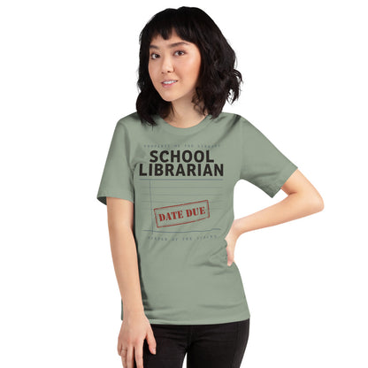 Property of the School Library card catalog school librarian tee — Sage, on model