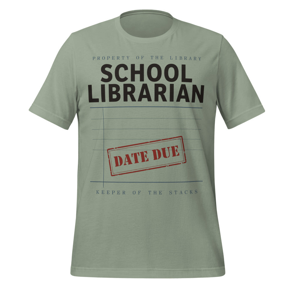 Property of the School Library card catalog school librarian tee — Sage, front