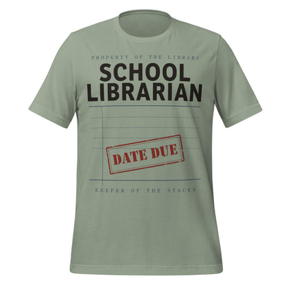 Property of the School Library card catalog school librarian tee — Sage, front