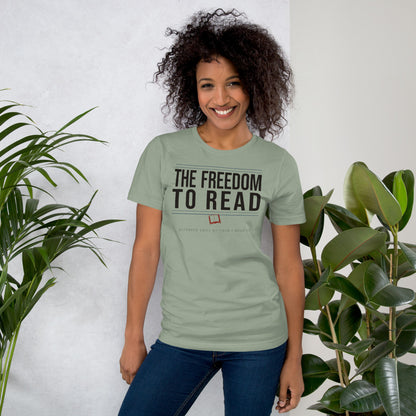 The Freedom to Read school librarian tee — Sage, on model