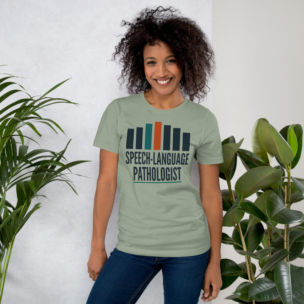 Mid-Century Clinic speech therapy tee — Sage, on model
