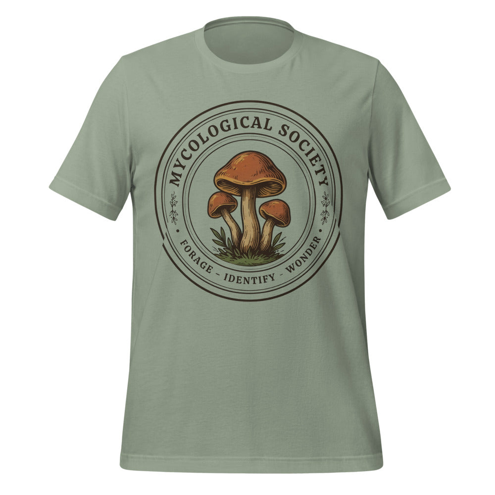 Mushroom Foraging Mycological Society vintage botanical tee — Sage, front