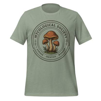 Mushroom Foraging Mycological Society vintage botanical tee — Sage, front