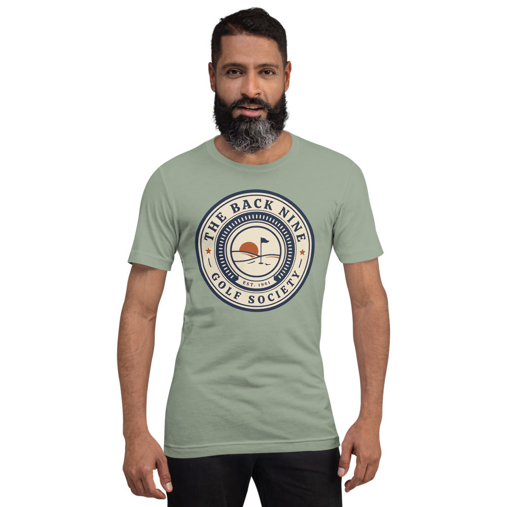 The Back Nine vintage golf roundel tee — Sage, on model