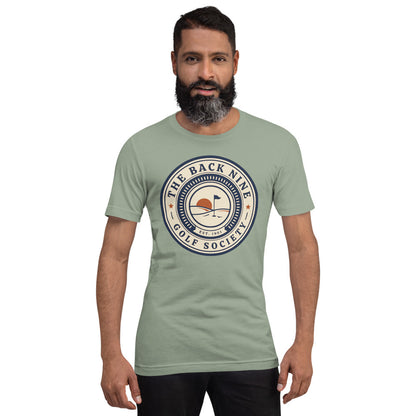 The Back Nine vintage golf roundel tee — Sage, on model