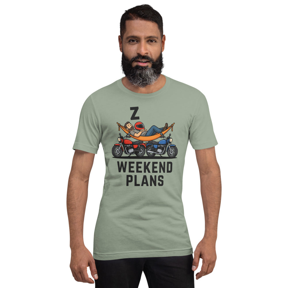 Weekend Plans funny motorcycle dad tee — Sage, on model