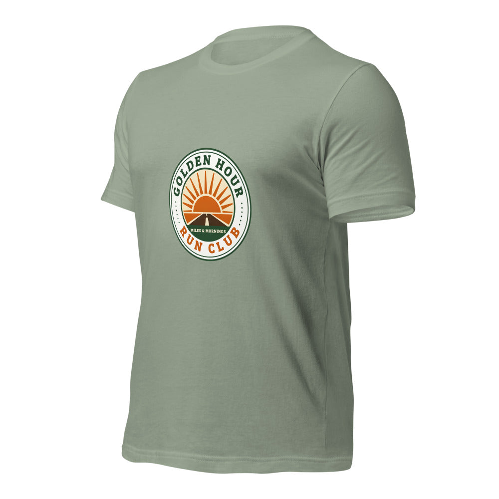 Golden Hour Run Club retro running tee — Sage, front-right