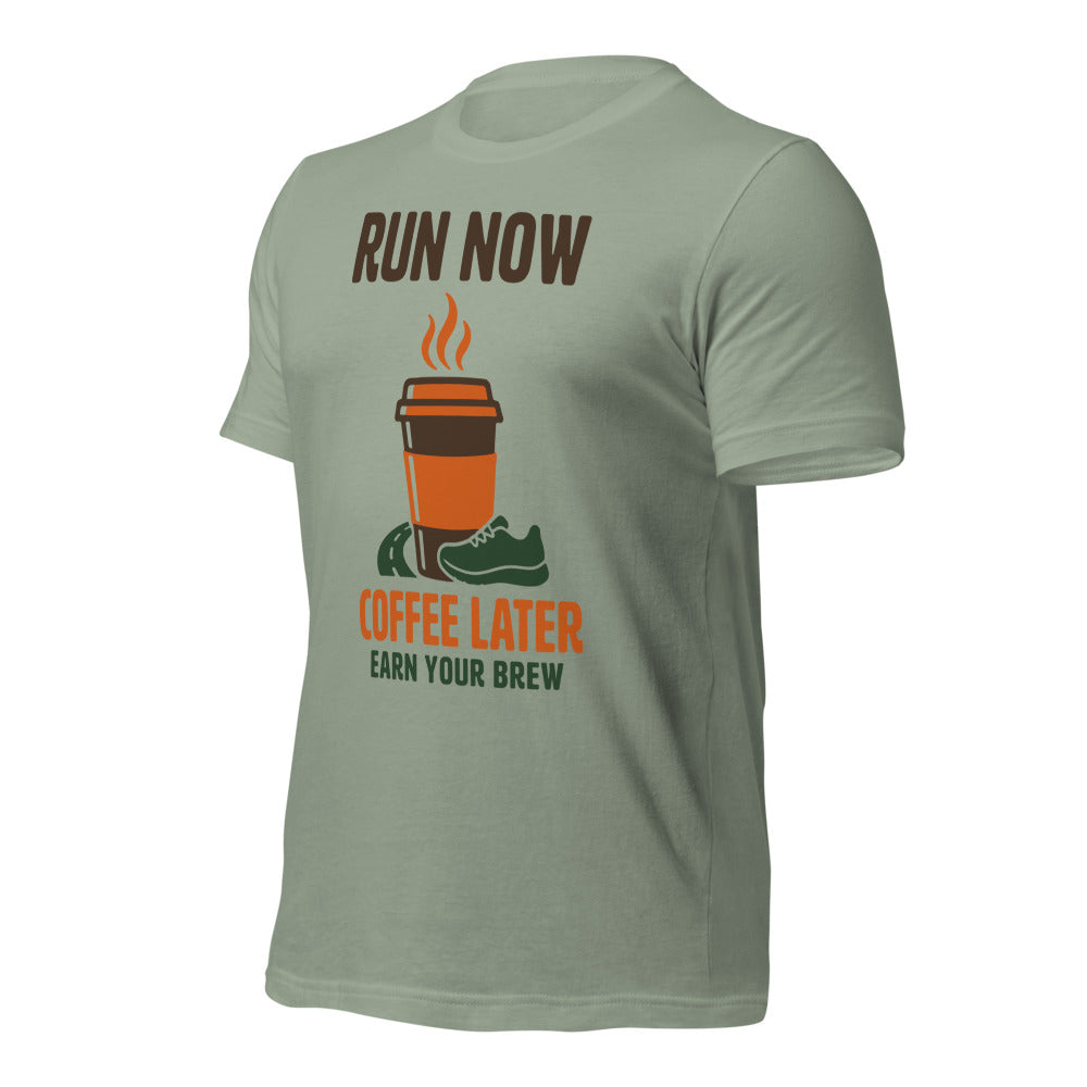 Run Now Coffee Later funny running tee — Sage, front-right