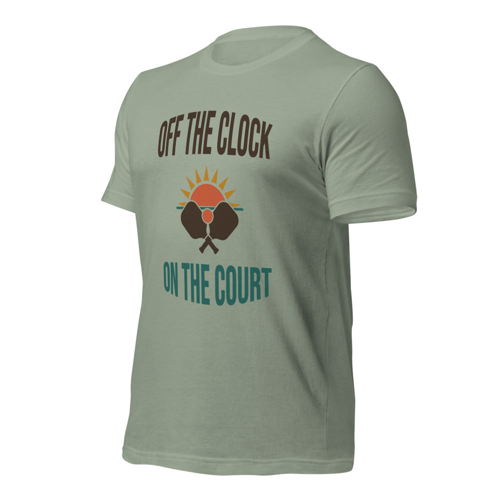 Off The Clock On The Court retro pickleball tee — Sage, side