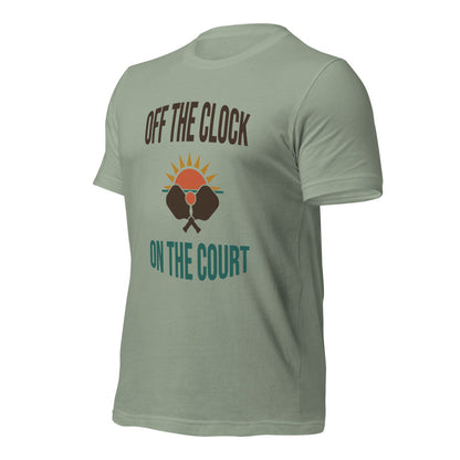 Off The Clock On The Court retro pickleball tee — Sage, side