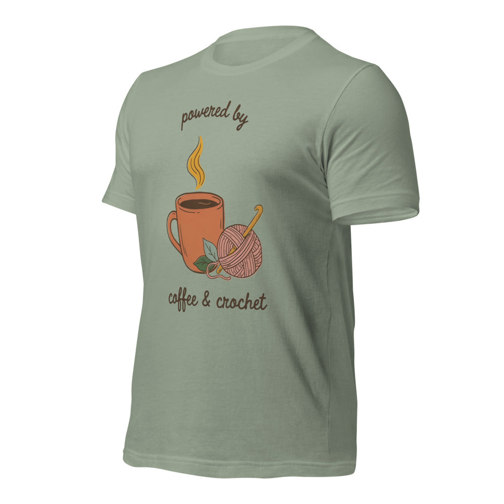 Powered by Coffee and Crochet cottagecore crochet tee — Sage, front right