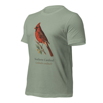 Northern Cardinal vintage field-guide tee — Sage, front-right