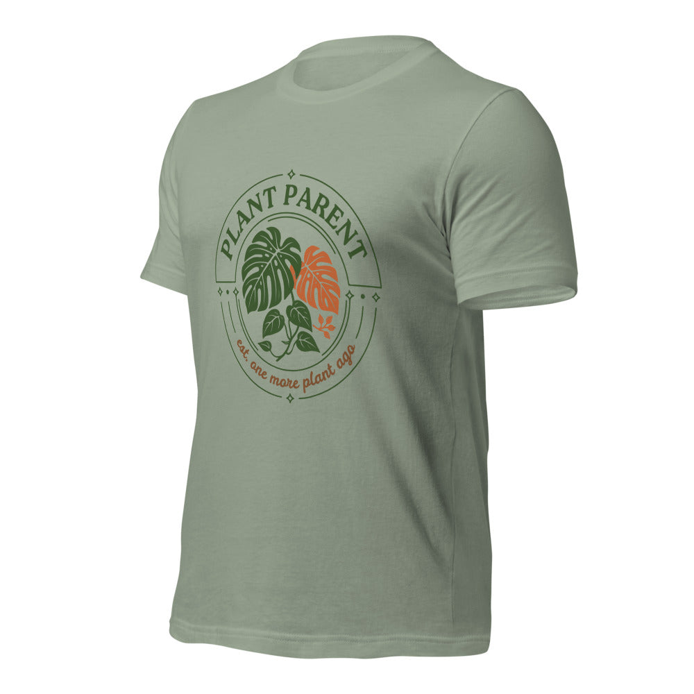 Plant Parent retro botanical badge tee — Sage, front right